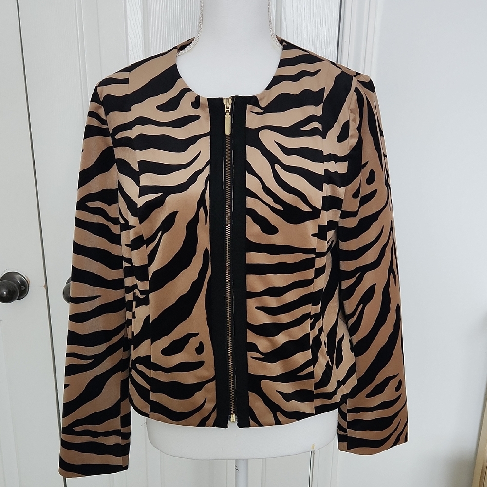 Chicos Size 1 (US 8) Tiger Striped Animal Print Velvet Zip Jacket